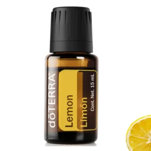 Botella de aceite esencial dōTERRA Lemon de 15 mL con rodaja de limón